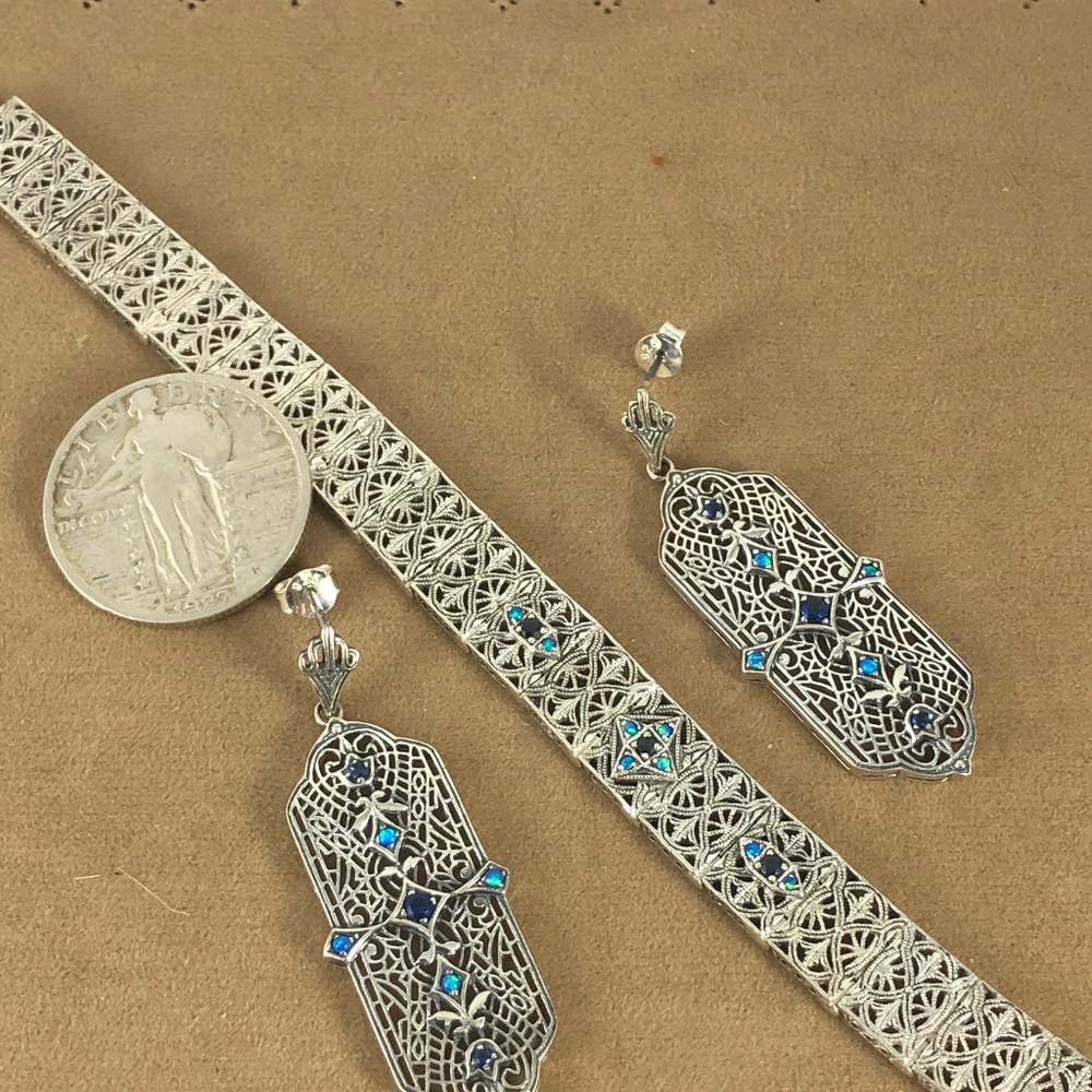 Sapphire & Opal 925 Sterling Silver Vintage Filigree Bracelet 7 & earrings - Picture 5 of 5